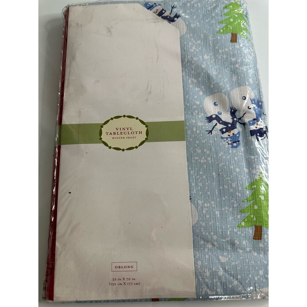 Vintage NWT New Christmas Oblong Tablecloth winter Snowmen Vinyl back 52 x 70